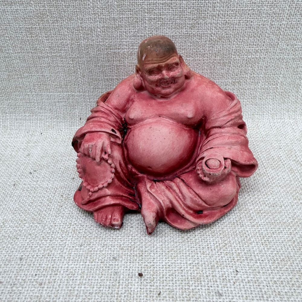 Vintage Red‎ Laughing Buddha Hotei Figurine Seated Lucky Buddha Statue 3.5 Inch